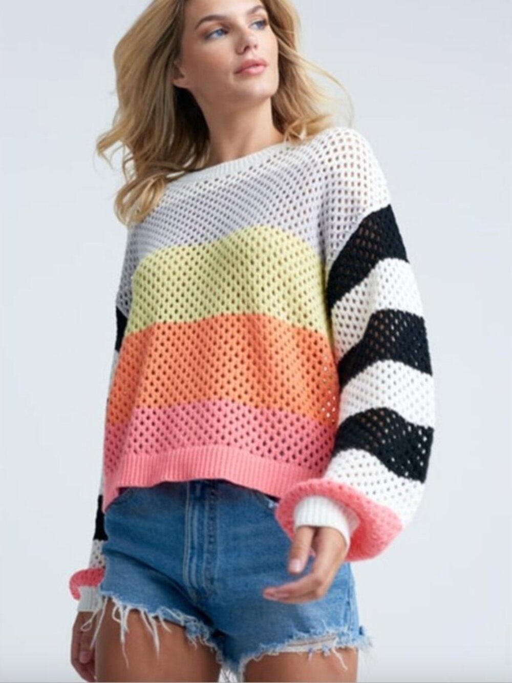 Lisa Todd | Open Knit Beach Sweater Neon Stripe Shock Sweater | Size XS